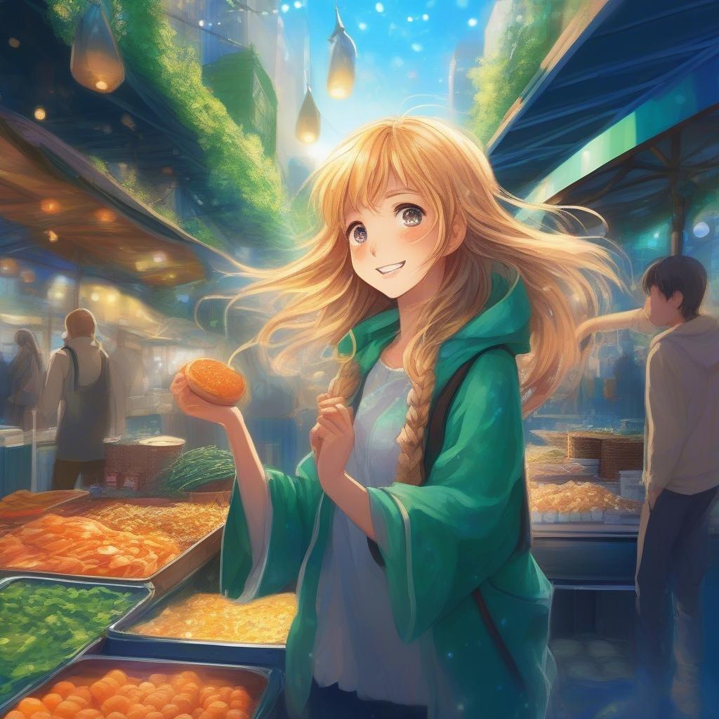 A lively depiction of a bustling market day where magical powers are in full effect. A young anime girl with light and dark hair is seen levitating over the street food booths, her eyes sparkling with excitement as she reaches out for a tasty treat.