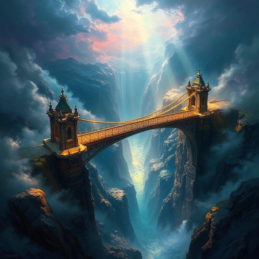 This fantasy wallpaper transports you to a world of wonder and magic, featuring a majestic bridge suspended high above the clouds. The intricate details and vibrant colors of this image make it a perfect fit for fantasy enthusiasts.