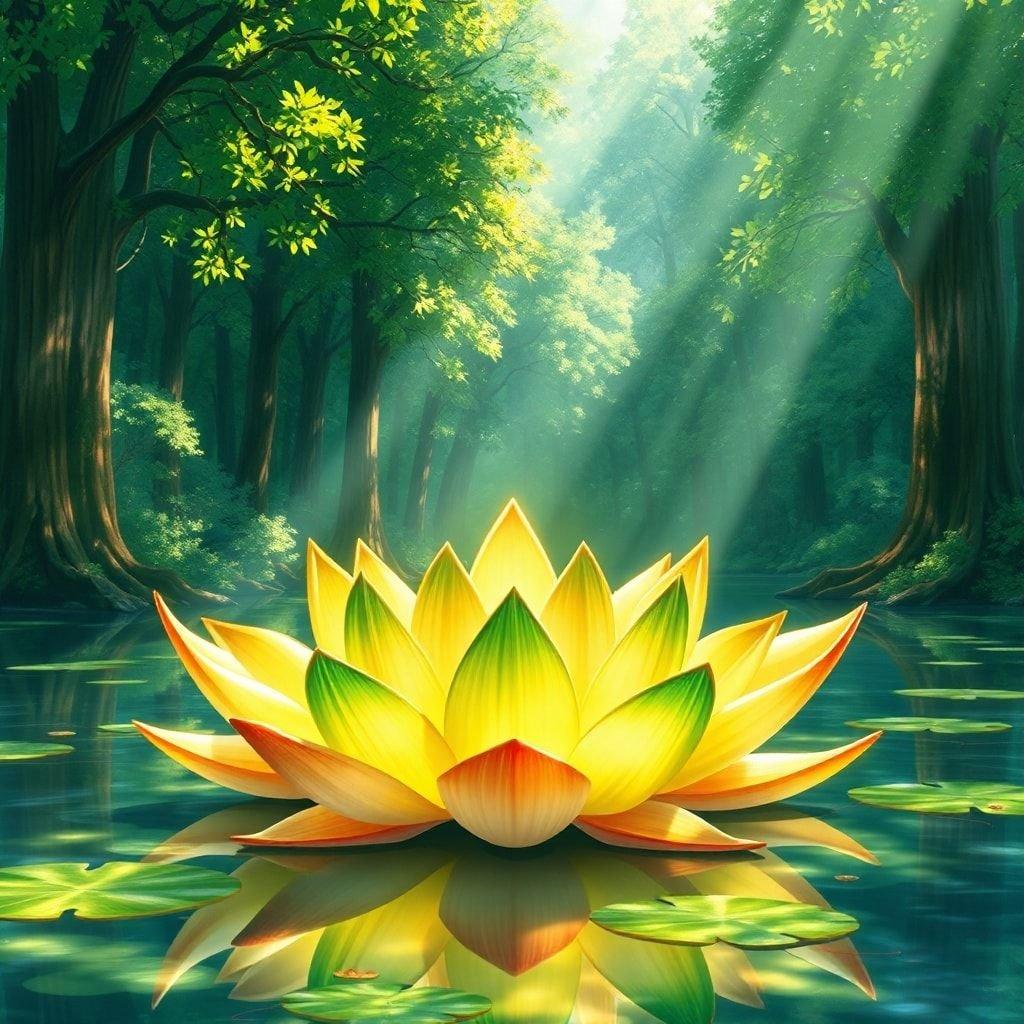 This stunning wallpaper features a beautiful lotus flower in the center, surrounded by a serene lake and a lush forest of tall trees. The lotus flower is a vibrant green and yellow, with a warm glow emanating from it, creating a peaceful and enchanting scene.