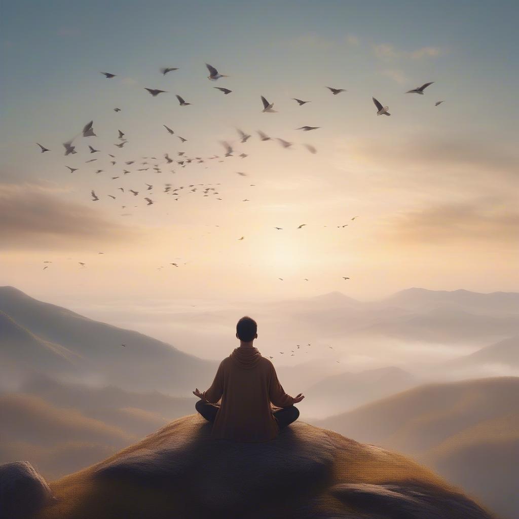 A tranquil scene capturing the golden hour of meditation, with a peaceful figure in zen pose overlooking a breathtaking sunset amidst foggy mountains and a flock of birds soaring overhead.