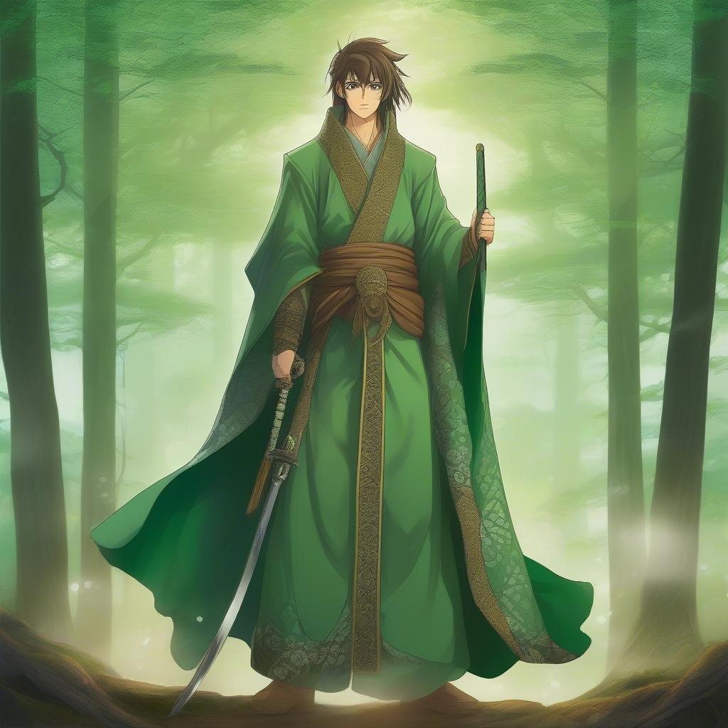 In this fantasy artwork, a young warrior is enveloped by the mystical beauty of a forest. Dressed in a vibrant green and brown robe with intricate patterns, he holds a sword, ready for any adventure that lies ahead.