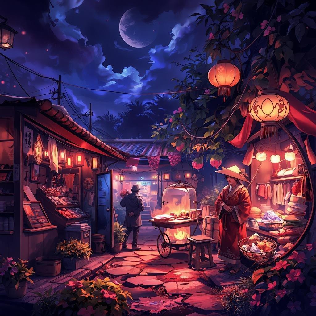 This is a bustling scene from a night market filled with life and color. Vendors are selling their wares under bright lanterns that stand out against the dark sky, while warm, shimmering fabrics add a magical touch to the setting. The surreal atmosphere of this marketplace creates an inviting and ethereal space.