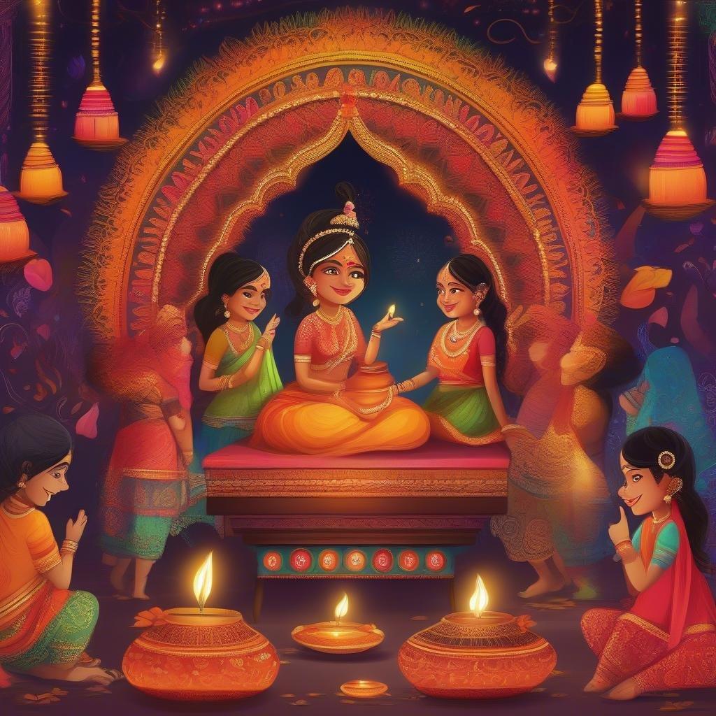 Festive atmosphere in a traditional Indian setting with people enjoying the occasion. Diwali, also known as the Festival of Lights, is an important Hindu festival celebrated by millions of people around the world.