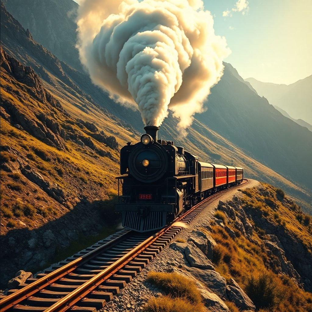 A majestic steam locomotive climbs the mountain pass, leaving behind a trail of vapor in its wake. The rugged terrain and the sun setting in the distance add to the timeless charm of this journey.