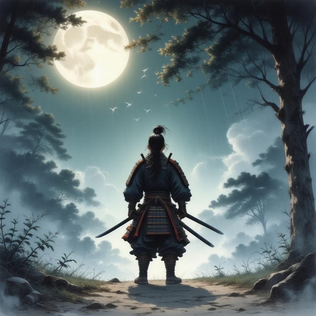 Mergulhe na beleza serena desta ilustração de anime, onde um guerreiro samurai está à beira de uma floresta, olhando para o céu noturno enevoado sob o brilho radiante da lua cheia.