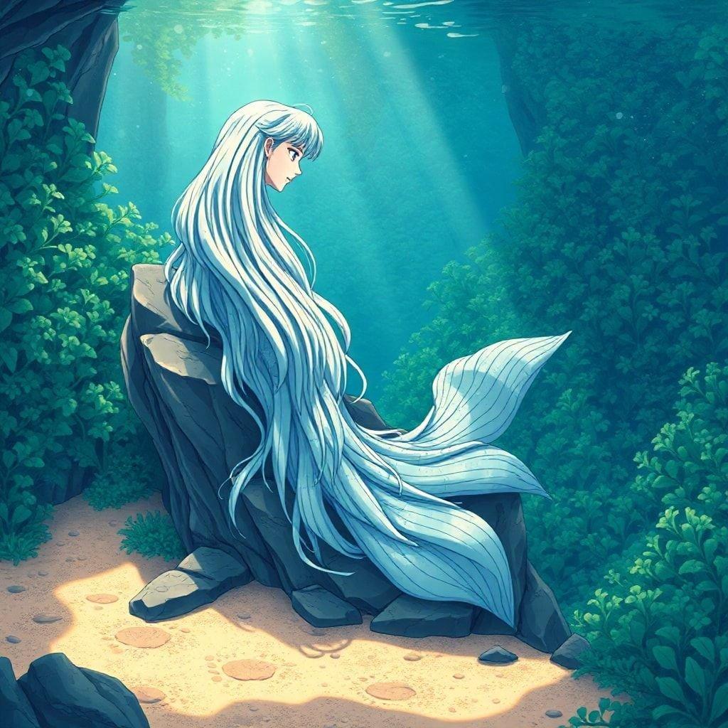 Immerse yourself in the enchanting world of anime with this captivating mermaid wallpaper. The majestic mermaid, with her cascading hair, sits serenely on a rocky outcropping, surrounded by the lush greenery of kelp forests. This illustration invites you to explore the mysteries of the ocean and the tranquility of the underwater world.