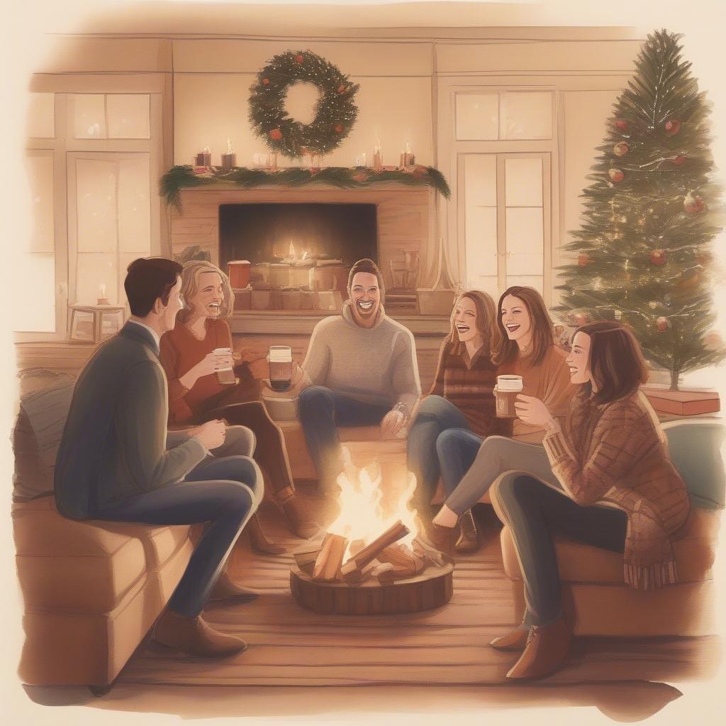 A festive winter scene with friends sharing warmth by the fireplace, celebrating the holiday spirit.