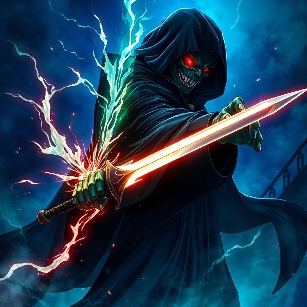 This anime-inspired wallpaper features a dark green and black sorcerer with sharp teeth and a glowing red eye, emitting a maelstrom of light. The background is a deep blue, with a large, enigmatic figure in the center, clad in a black cloak, holding a sword, while the figure's head is turned to the right, pointing towards the viewer.