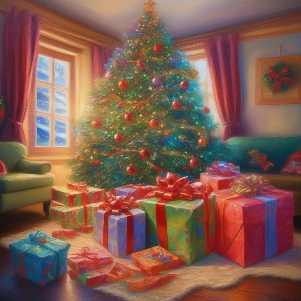 A festive holiday scene with a beautifully decorated Christmas tree in the corner. A cozy room filled with wrapped presents, creating an atmosphere of joy and celebration.