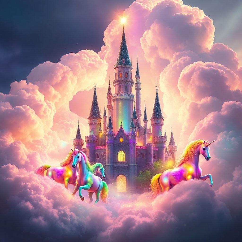 Step into a world of fantasy and wonder with this enchanting wallpaper featuring a majestic castle floating in the clouds, surrounded by two majestic unicorns.