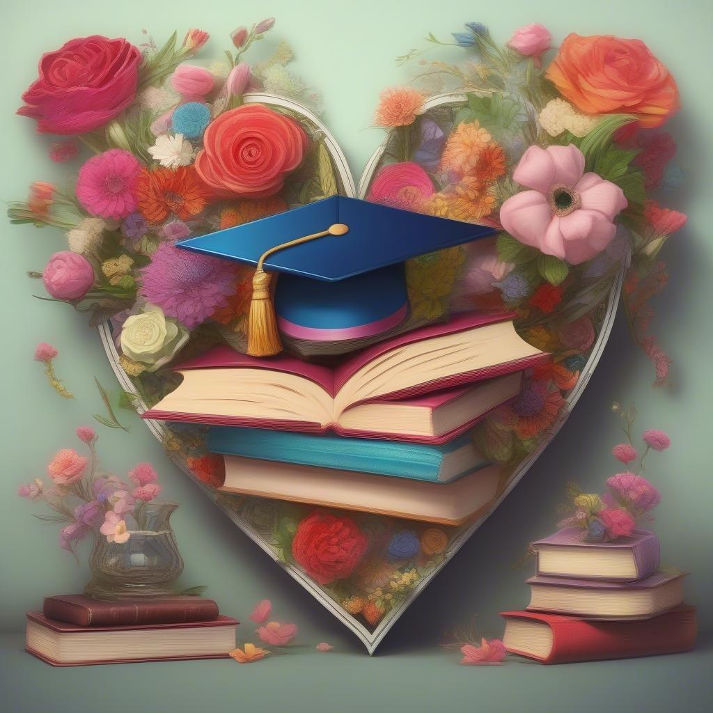 A heartwarming graduation scene, surrounded by flowers and books, symbolizing the love of learning and the joy of achievement.