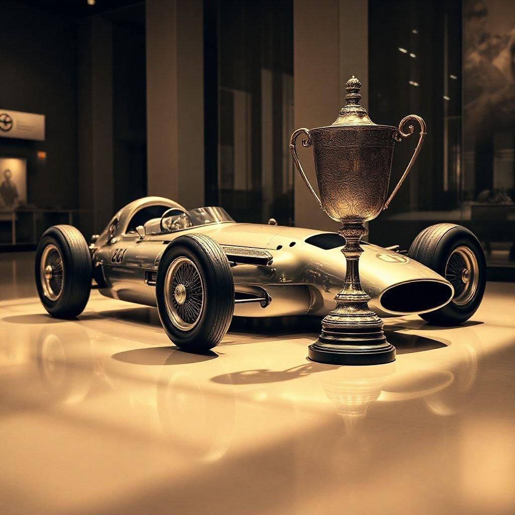 An iconic racing scene, featuring an old-time IndyCar racer with a gleaming silver exterior that speaks to the power and style of its era. The vehicle's design is characteristic of the early 20th century IndyCars that paved the way for modern speed demons on the track.