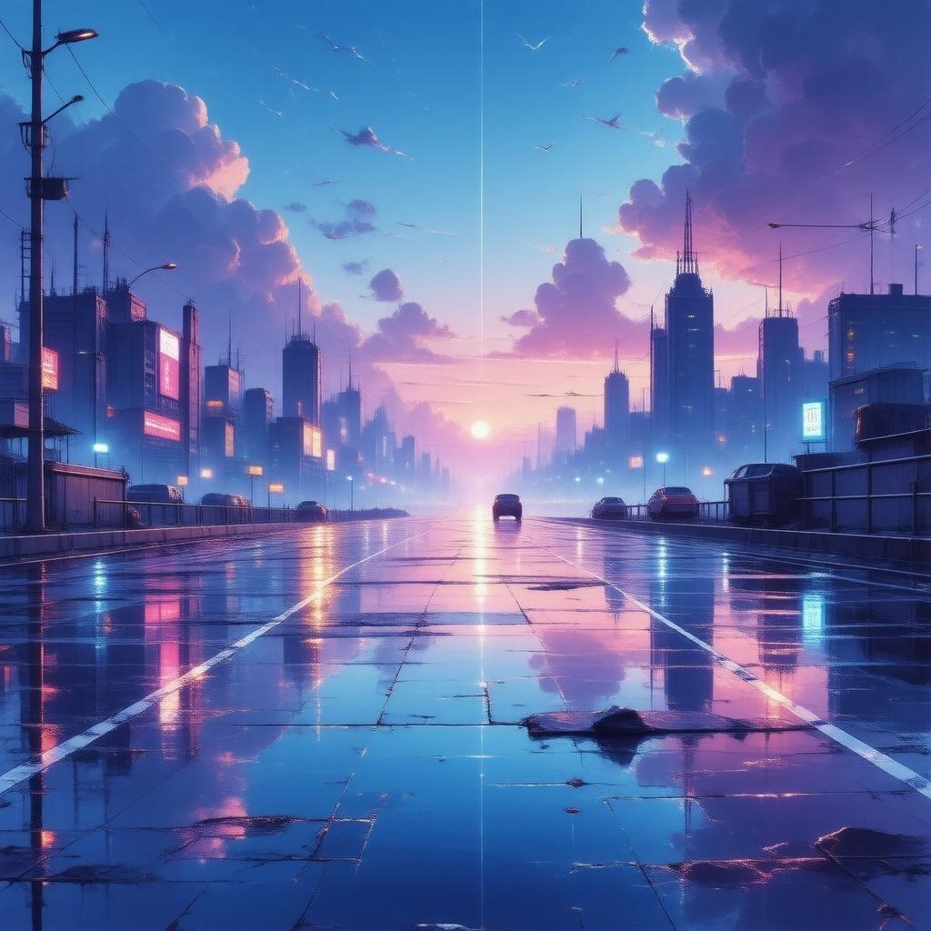 In this vibrant cityscape, the futuristic architecture is bathed in hues of blue and purple as the sun sets. The wet pavement reflects the neon lights like a crystal mirror, adding to the dreamlike atmosphere. Scattered clouds float lazily overhead, and distant skyscrapers create a sense of depth and scale.