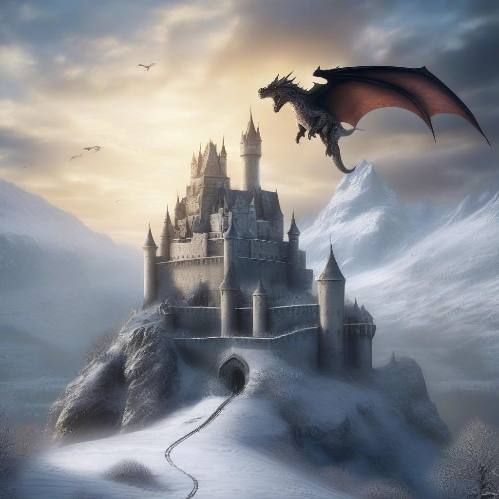 Fantastical castle perched on a snowy mountain, with dragons flying overhead. Perfect for desktop and mobile wallpapers.