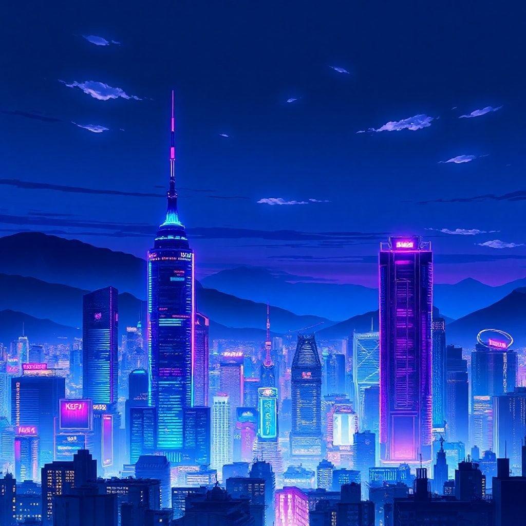 A breathtaking anime-style cityscape at dusk, featuring towering skyscrapers with neon lights and a dark blue sky with distant mountains.