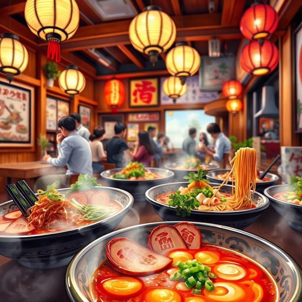 Get ready to indulge in a culinary adventure at this vibrant Japanese ramen shop, where the colors are as bold as the flavors.