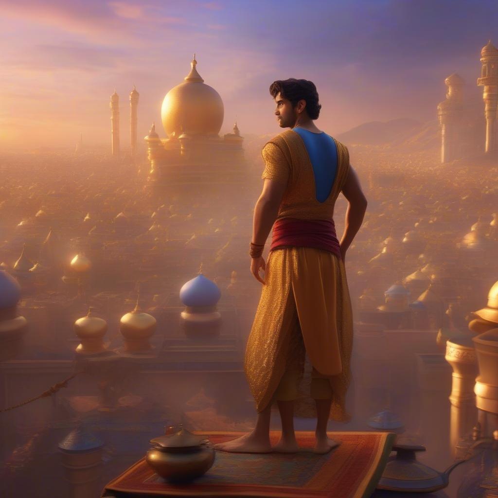 Experience the magic of Agrabah with this stunning Aladdin wallpaper, featuring the iconic magic carpet ride.