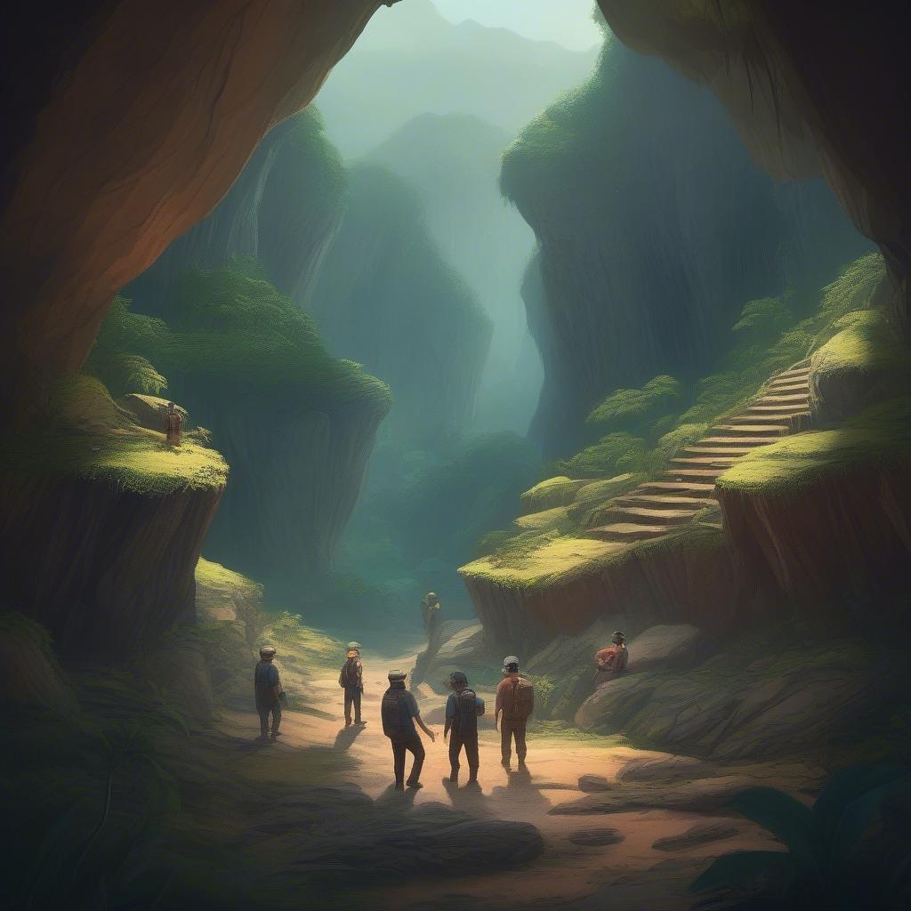 A group of adventurers trek through an uncharted cave system, navigating narrow passages and discovering ancient secrets.