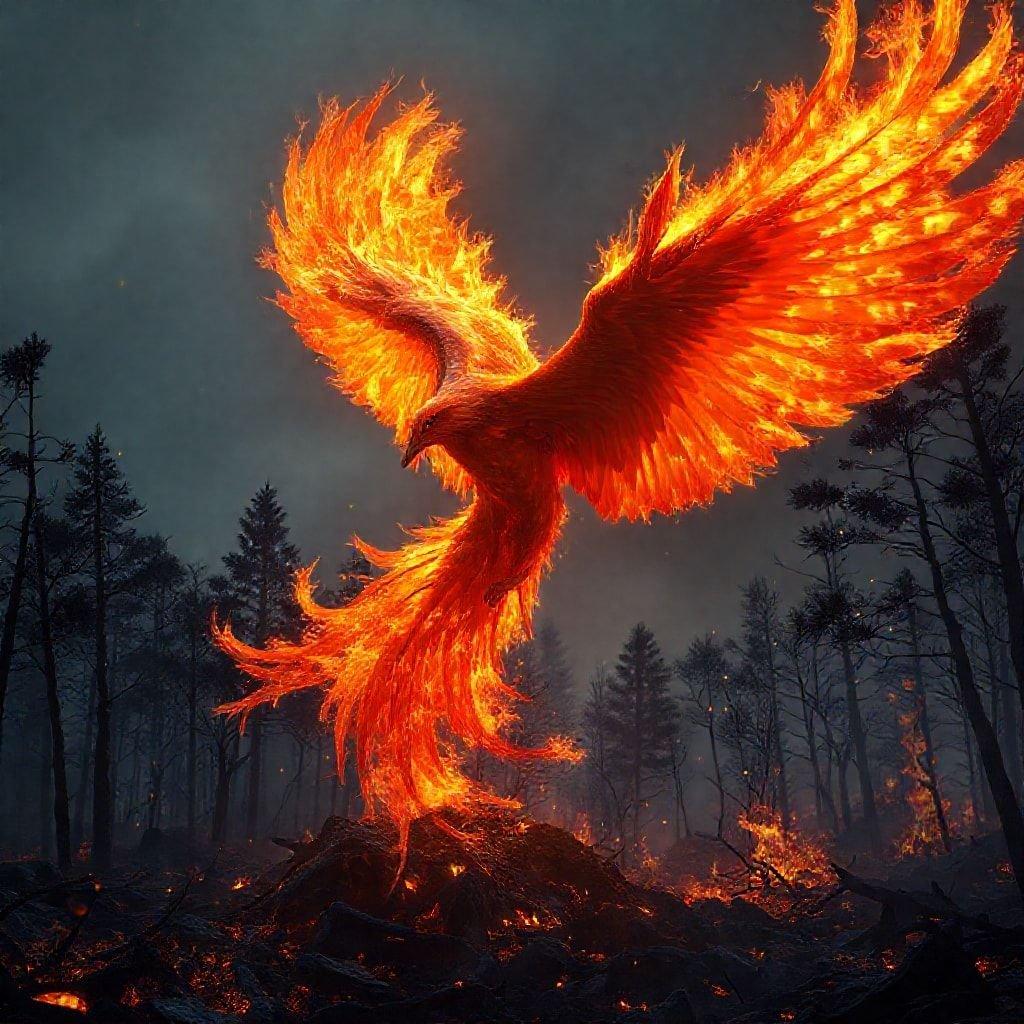 A phoenix rises from the ashes, symbolizing rebirth and renewal.