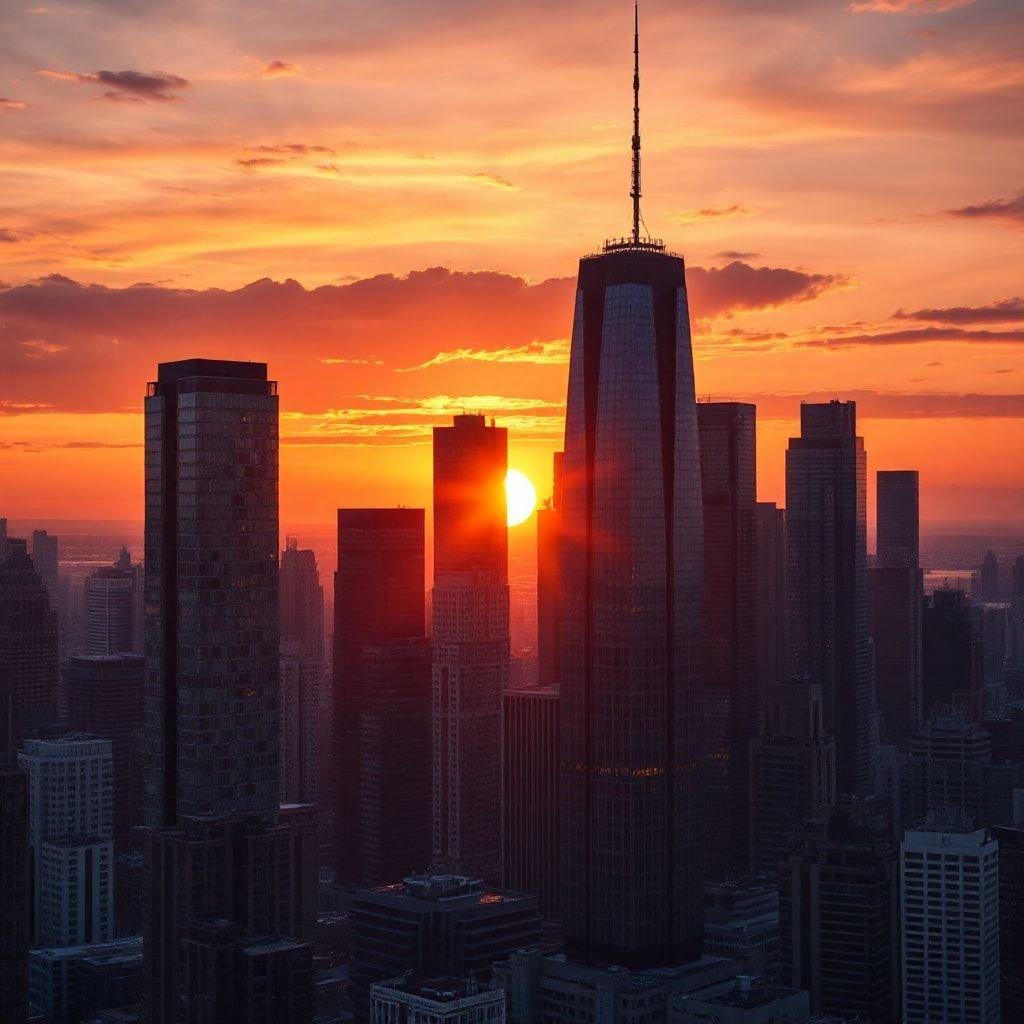 The sky puts on a spectacular show as it paints the cityscape with warm hues, reflecting off the towering skyscrapers to create a breathtaking vista.