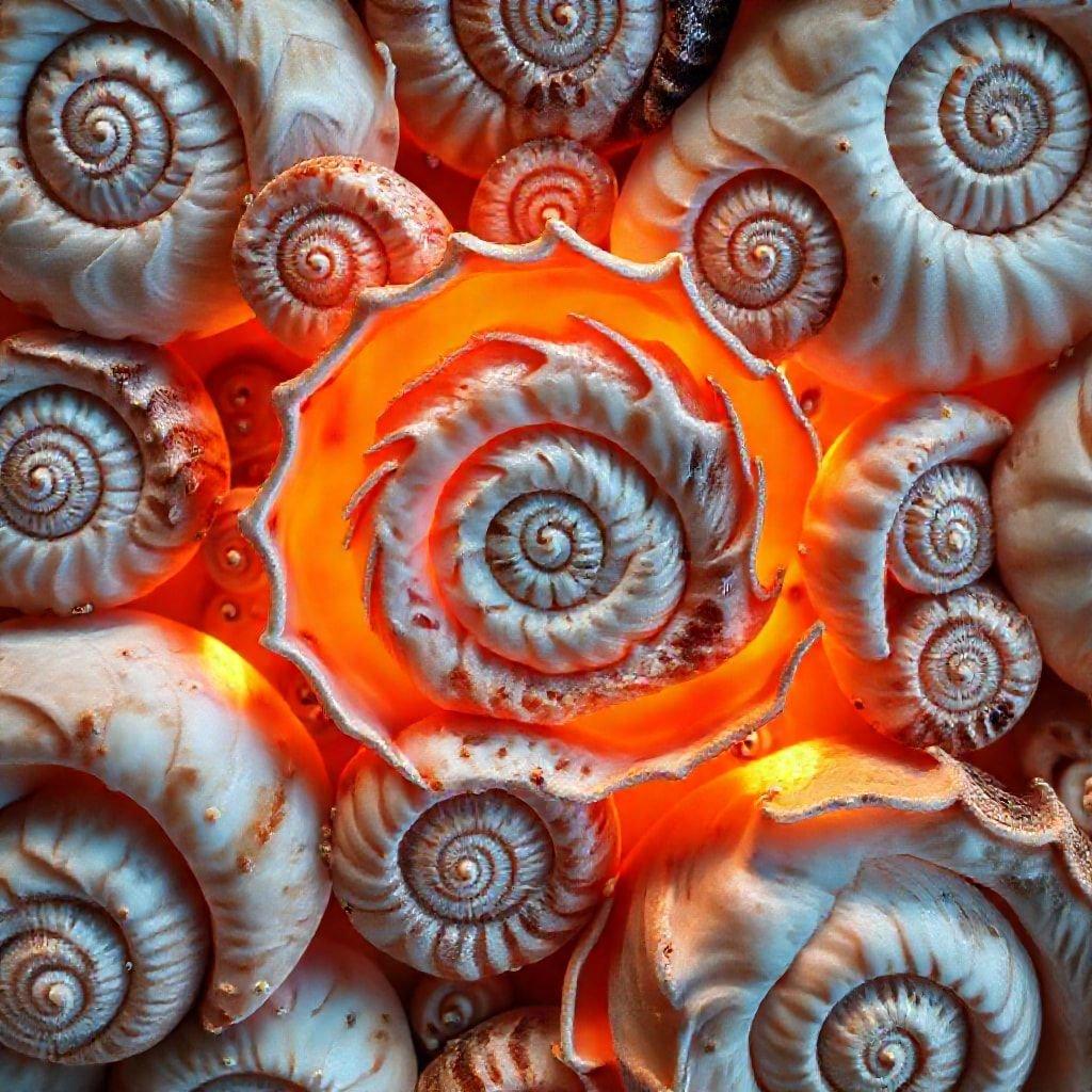 A mesmerizing array of nautilus shells radiating out from the center, their golden hue contrasting with a sunny yellow core.