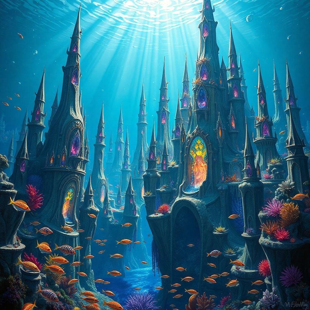 This enchanting underwater kingdom is straight out of a fantasy story. With spires that resemble castle towers and mysterious archways, it's a sight to behold! The vibrant marine life adds a touch of magic to the scene, making one wonder what secrets lie within these submerged walls.