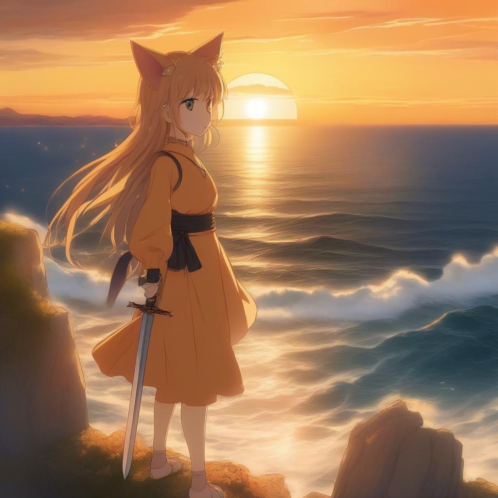 Denna anime-inspirerade bakgrund bildar ett lugnt ögonblick av en ung tjej med kattöron som står på en klippa och blickar ut över havet medan solen går ner bakom henne. De varma orangea och gula nyanserna skapar en fredlig atmosfär, perfekt för användning på skrivbord och mobil.