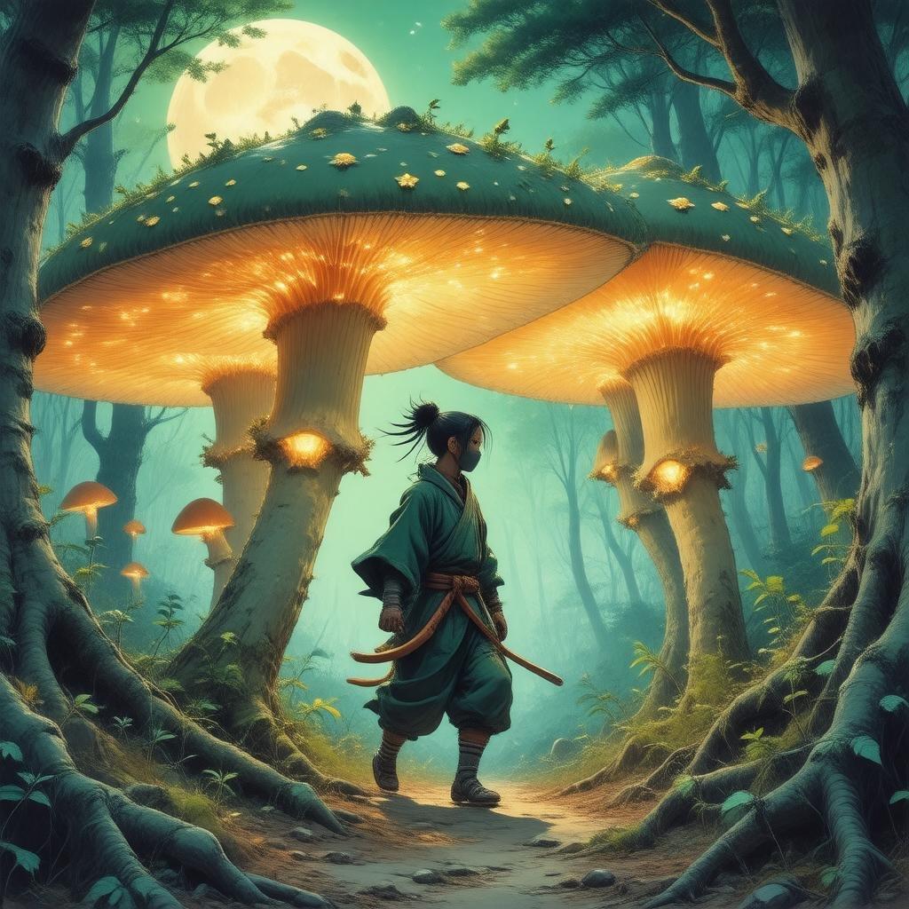 Scopri un mondo magico in cui i ninja si muovono furtivamente attraverso foreste di funghi illuminate dalla luna. Il bagliore etereo dei funghi e l'abbigliamento misterioso del ninja evocano un senso di avventura.