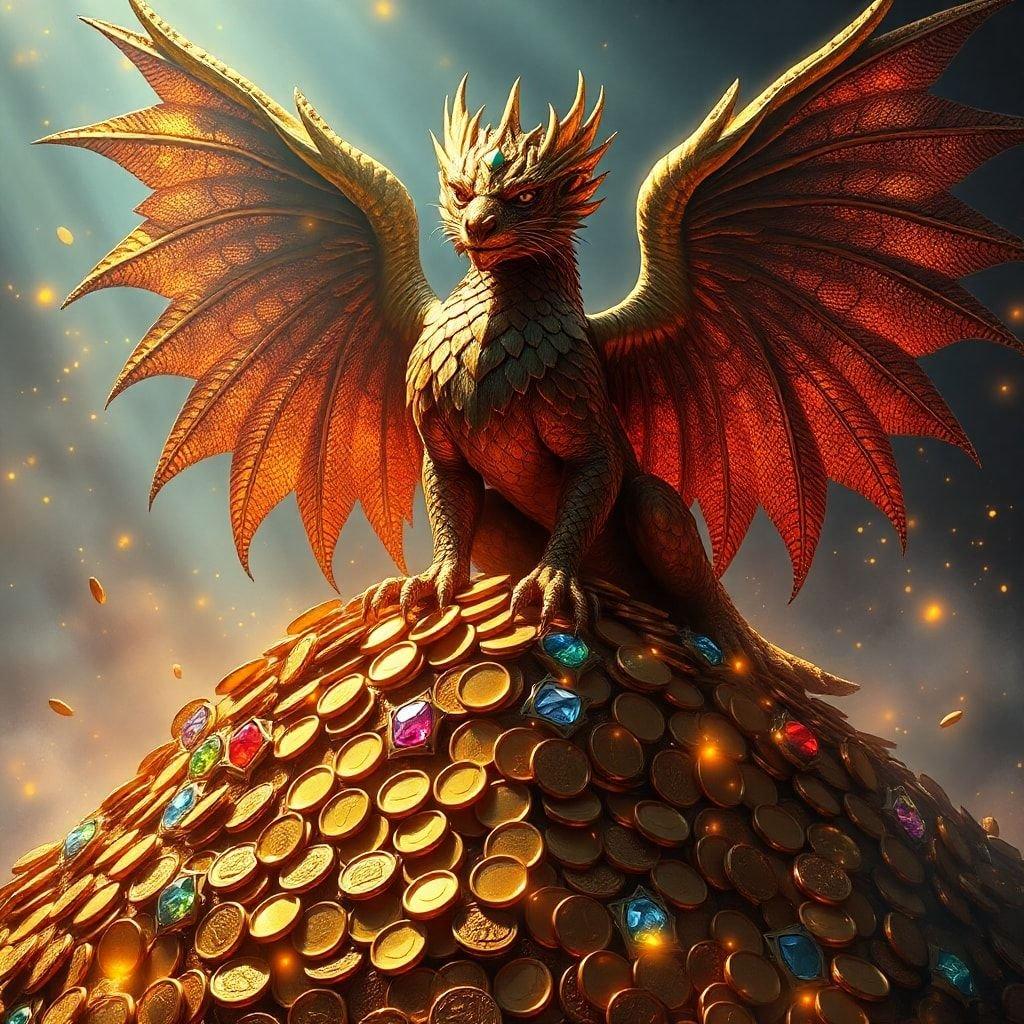 Discover a fantastical scene where a majestic dragon sits atop a mountain of coins, holding the key to riches untold. This digital wallpaper is perfect for desktop and mobile devices looking for an adventurous escape.