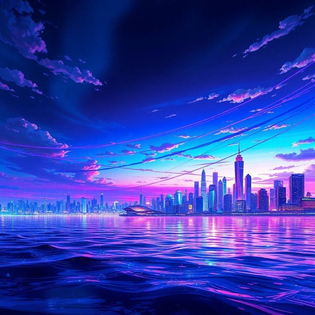 Experience the vibrant colors and neon lights of a futuristic cityscape at dusk, with a distant cityscape adding depth and anime elements adding a whimsical touch.