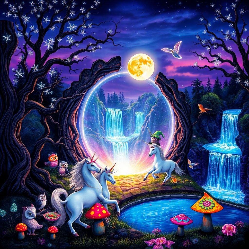 A serene fantastical forest at night, where unicorns frolic near a waterfall under the full moon. A magical adventure awaits.