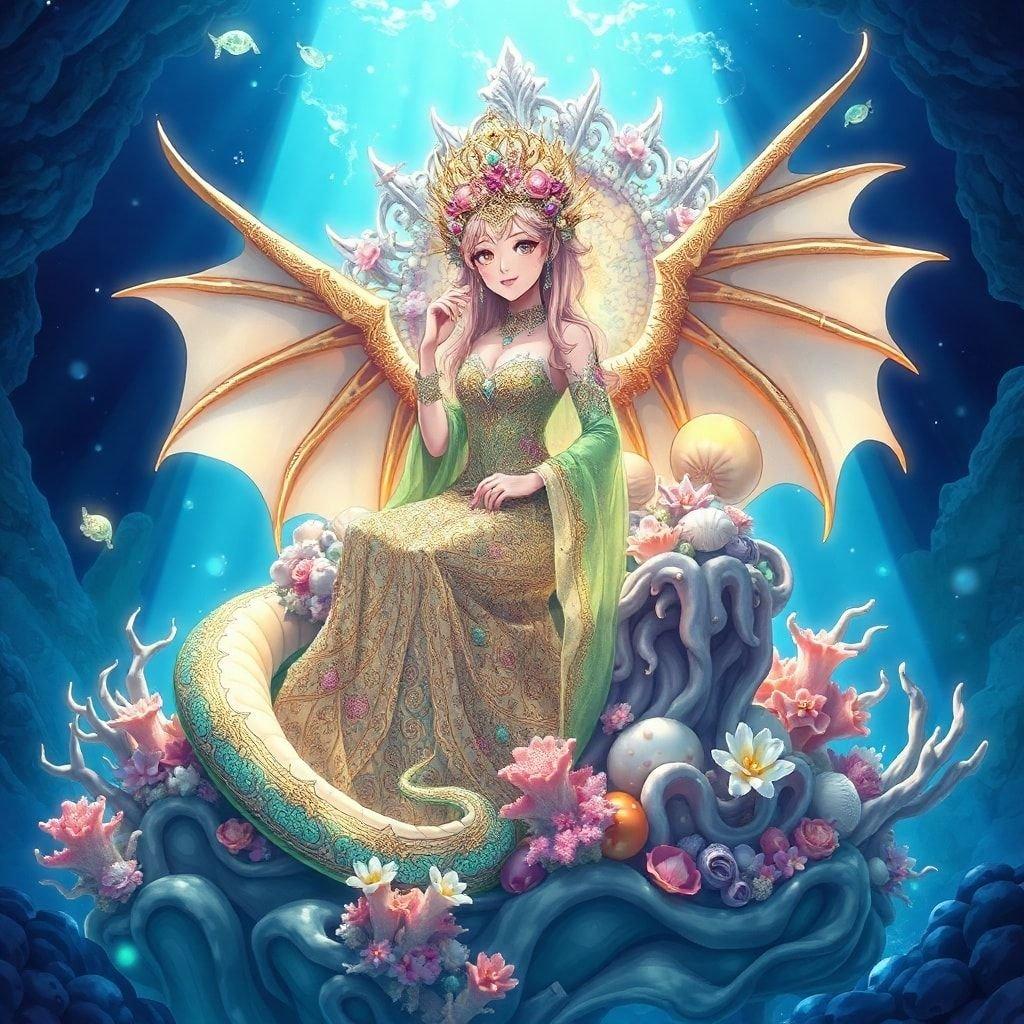 Experience the enchantment of an anime dragon queen sitting on a throne of coral and shells, with her elaborate attire adorned with coral and shells, set against a backdrop of blues and greens, evoking a sense of fantasy.