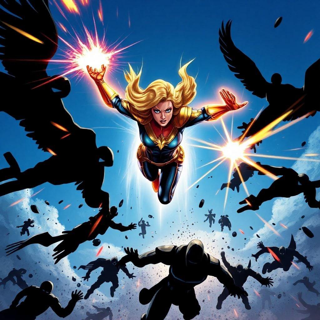 Au milieu de la bataille, Captain Marvel s'élève au-dessus d'un camp ennemi, prête à relever n'importe quel défi. La puissance de ses capacités surhumaines brille alors qu'elle fait face à ses adversaires avec confiance.