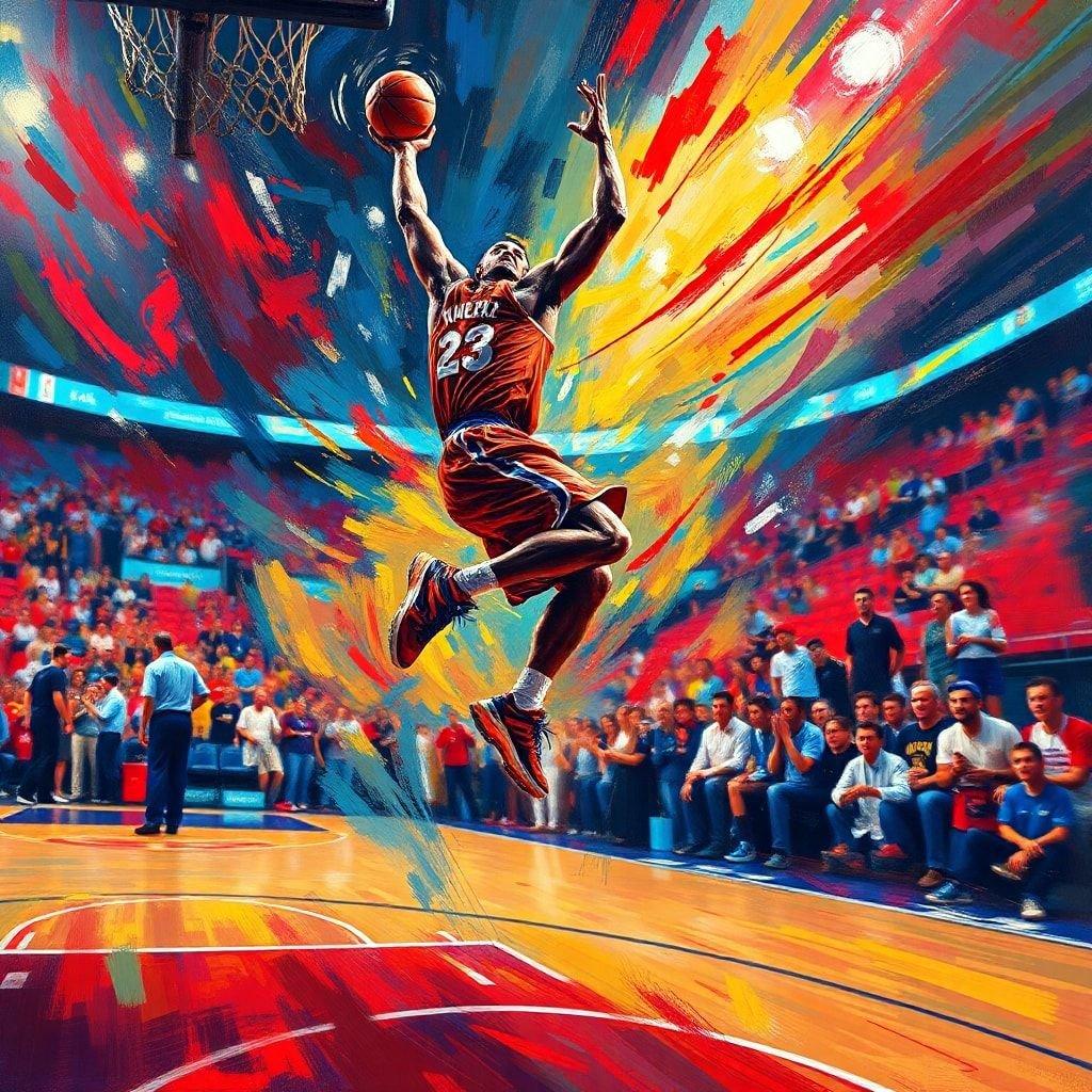 This vibrant wallpaper captures the energy and athleticism of a basketball player in mid-air, dunking the ball with precision and power. The dynamic composition and bold colors make it an eye-catching addition to any desktop or mobile device.