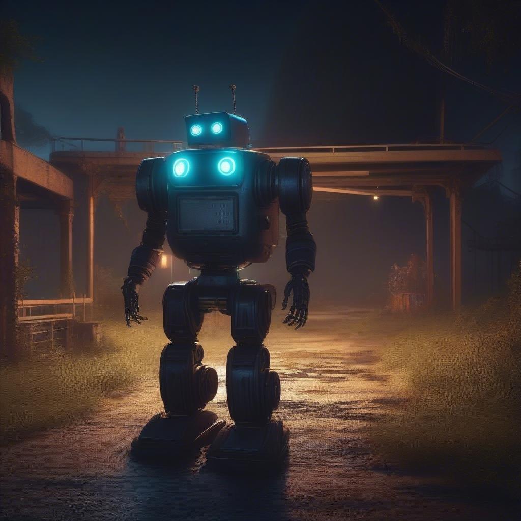 This image features a robot standing in a dark, mysterious environment, with a sense of adventure and exploration. The robot's glowing eyes and mechanical body create a striking contrast against the dark background, making it a captivating and intriguing scene.