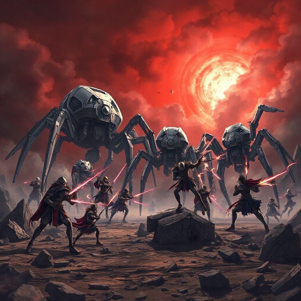 In a world on the brink of destruction, a group of brave warriors stand their ground against towering mechanical spiders in this detailed anime illustration. The fierce battle is set against the backdrop of a smoky, apocalyptic landscape with rocky outcrops and scattered debris, creating a tense atmosphere.