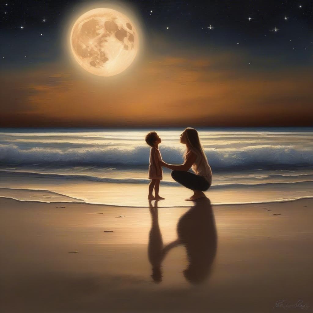 A mother and child enjoy a quiet evening stroll along the beach, as day gives way to night. The moon shines brightly overhead, reflecting off the ocean waves that gently lap at their feet. It's a serene moment shared between generations under the vast sky.