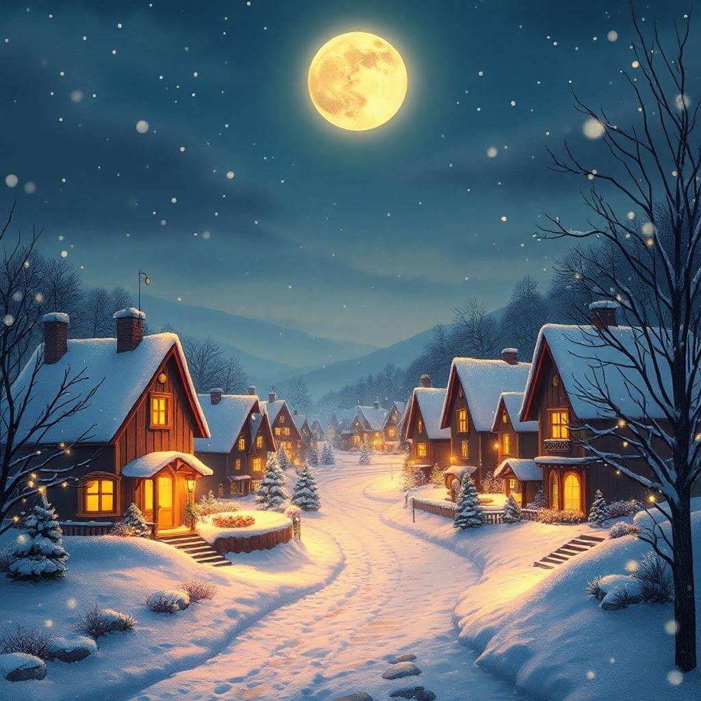 This festive winter wallpaper captures the serene beauty of a snow-covered village at night. The moon shines brightly in the sky, casting a warm glow over the snow-covered houses and trees. The image exudes a sense of peace and tranquility, making it perfect for those who love the winter season.