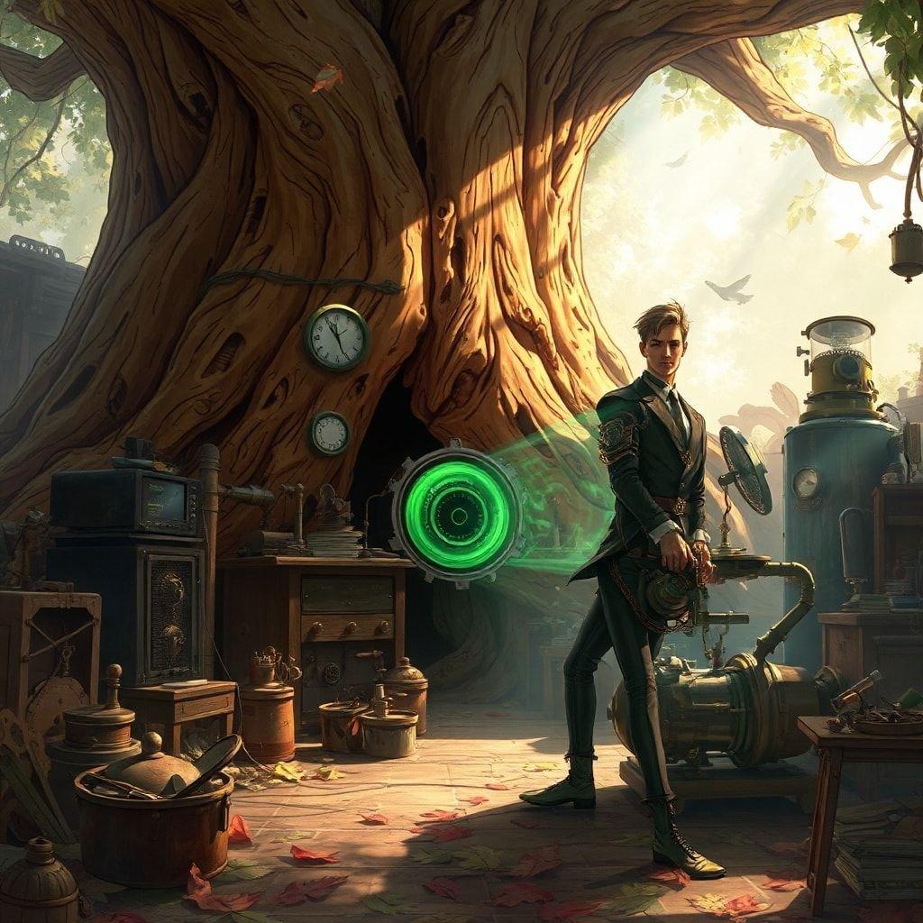 Step into a world of wonder with this anime-inspired workshop wallpaper, where a steampunk inventor brings their creations to life amidst a backdrop of ancient, weathered wood.