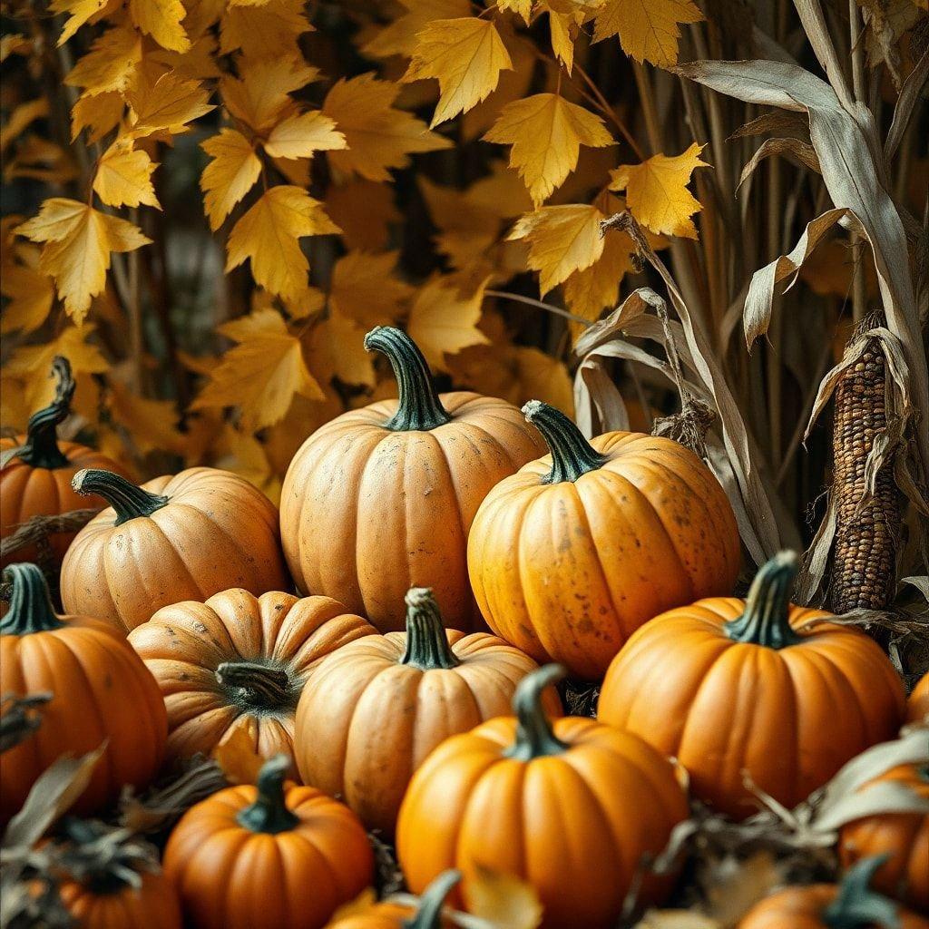 This wallpaper is perfect for the Thanksgiving season, with a beautiful display of pumpkins and fall leaves.