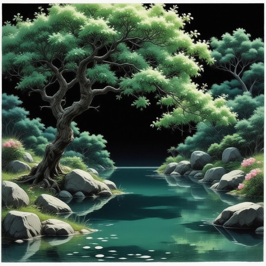 Tauchen Sie ein in die ruhige Schönheit dieser Anime-Illustration mit einem zarten japanischen Sakura-Baum und einem ruhigen Teich.