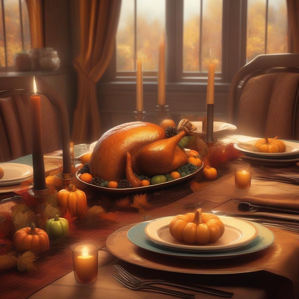 A cozy table setting for a traditional Thanksgiving feast with friends and family.