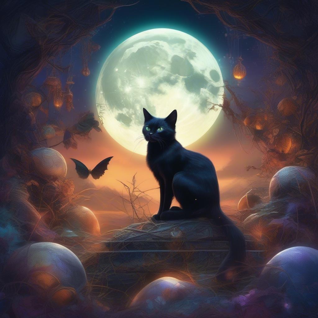 A mysterious black cat gazing at the full moon, with a festive Halloween twist.