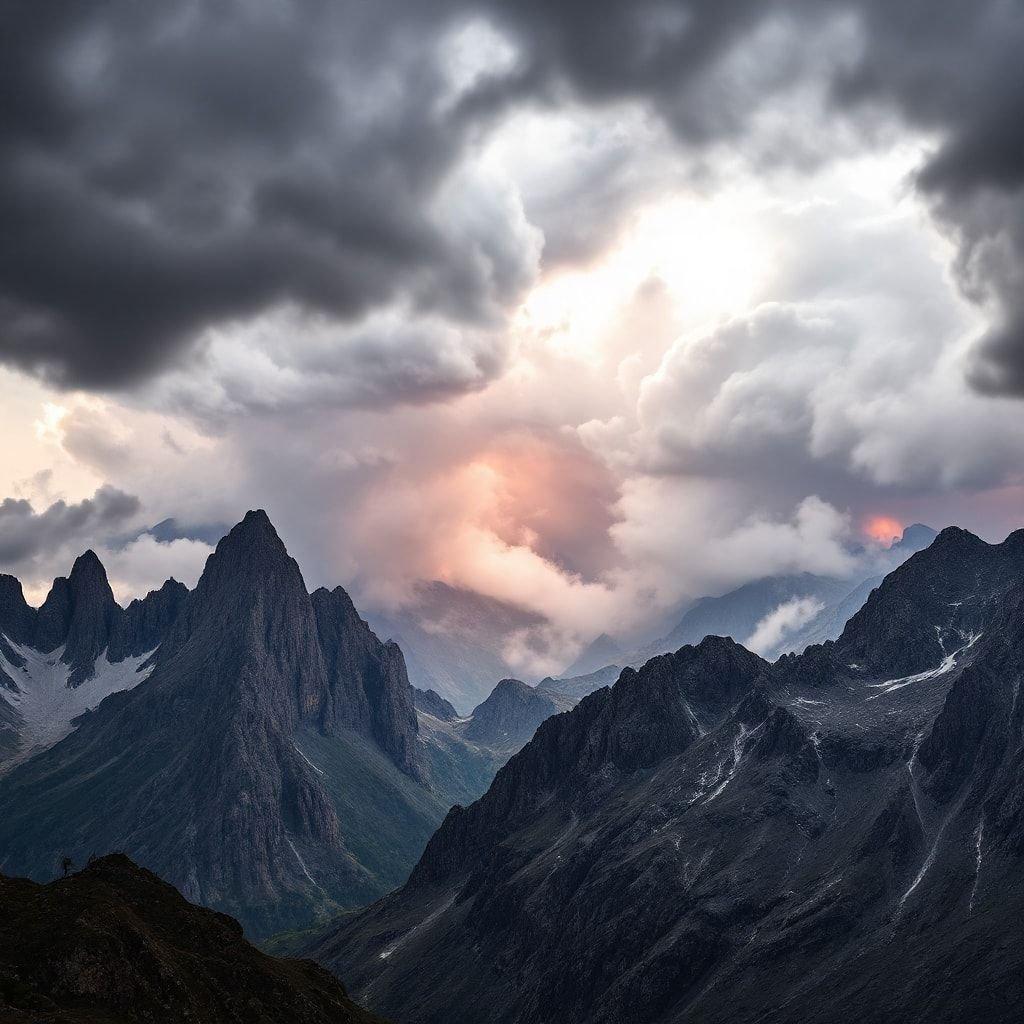 Cette image capture la beauté à couper le souffle d'une chaîne de montagnes, avec des sommets imposants et une végétation luxuriante.