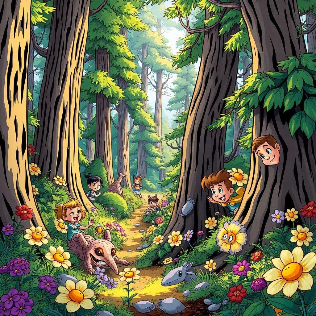 This wallpaper image features a cartoon forest scene with children playing and animals, perfect for adding a touch of whimsy to your desktop or mobile device.