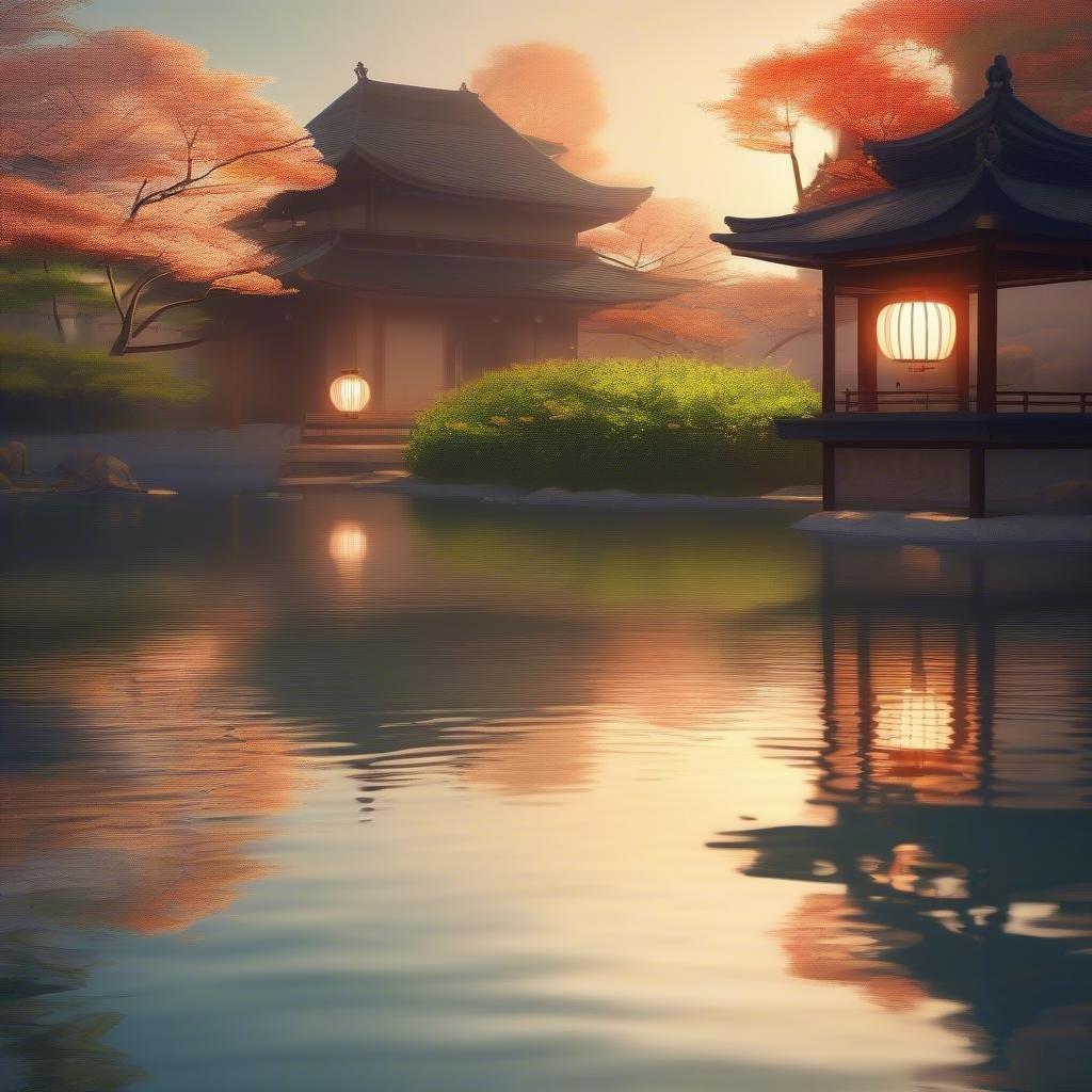 A peaceful anime-style garden with traditional Asian architecture and water features, illuminated by glowing lanterns at dawn or dusk.