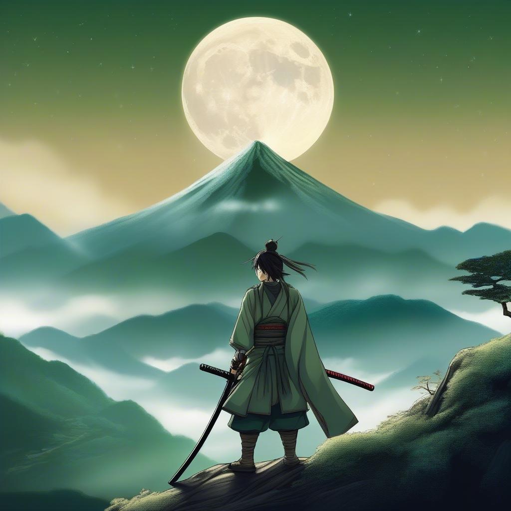 Un samouraï contemple la nuit, sa katana reflète l'éclat éthéré de la pleine lune. La montagne tranquille et le paysage enveloppé de brume créent une scène sereine pour ce moment de solitude.