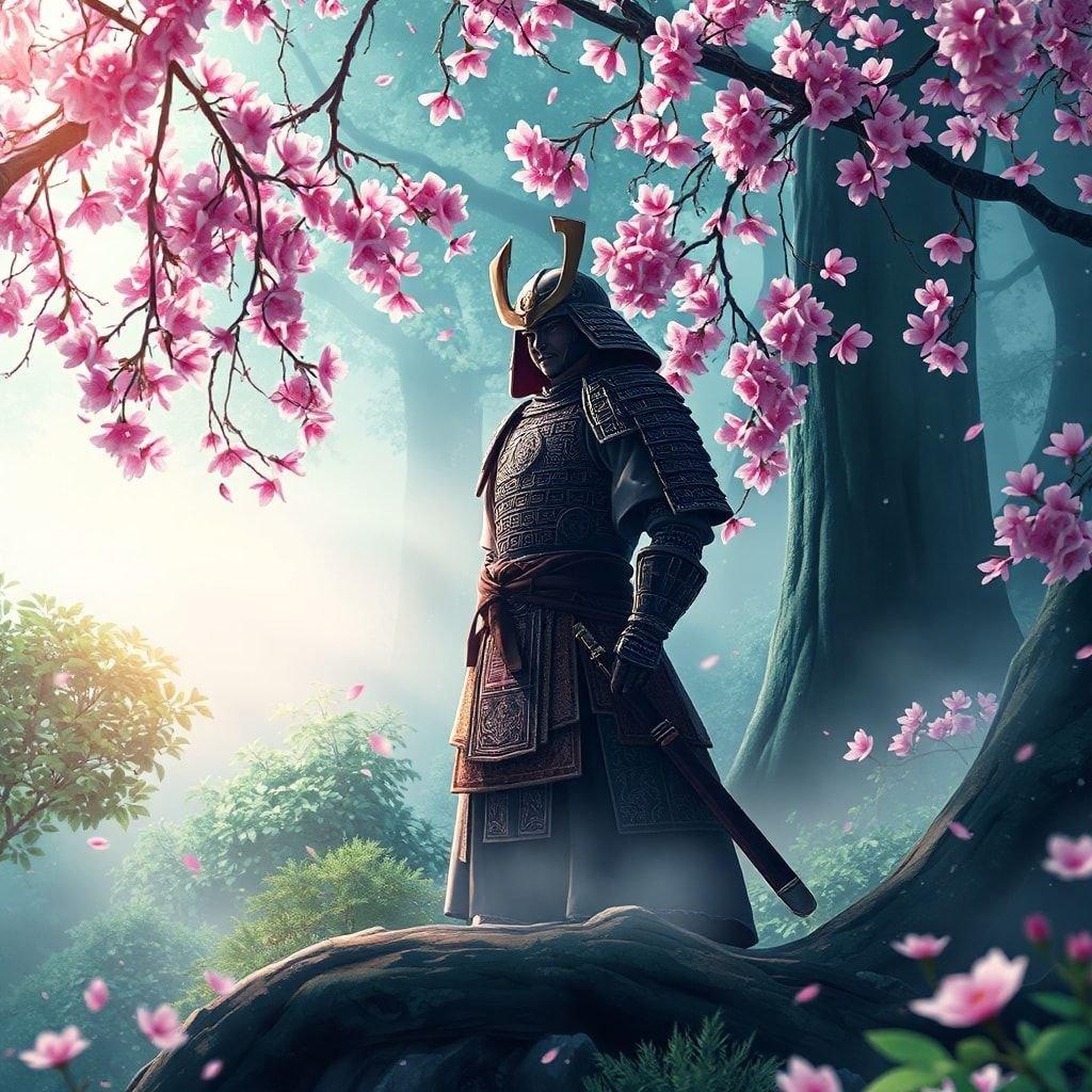 This anime-inspired wallpaper features a majestic samurai standing proudly at the edge of a misty forest, surrounded by vibrant pink blossoms and dark green foliage. The serene and tranquil scene creates an enchanting and peaceful atmosphere.