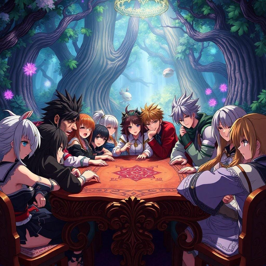 A casual assembly of anime characters, each with their unique style, gathered around a table in a magical forest setting. This wallpaper captures the essence of camaraderie and epic adventures.