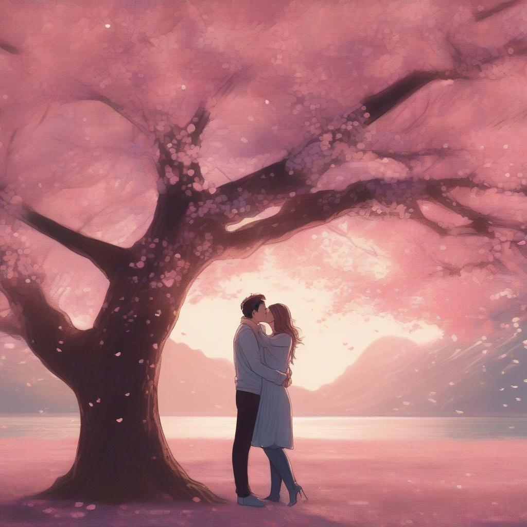 A romantic couple embraces beneath a beautiful cherry blossom tree, surrounded by the tranquil beauty of nature.